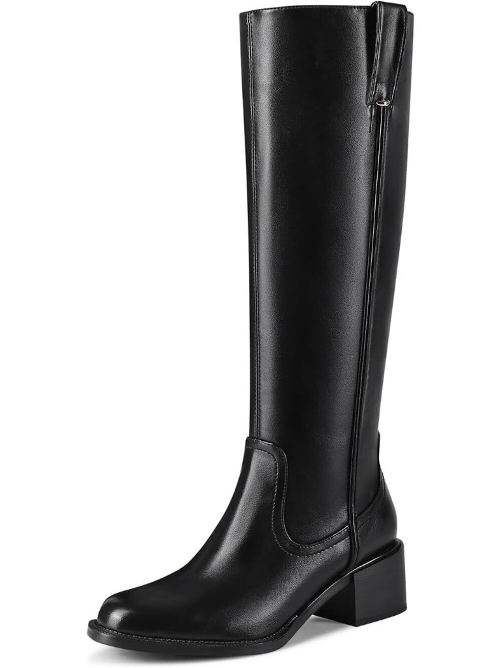 Women's Black Knee High Boots Chunky Heel Tall Riding Boots Leather Round Toe